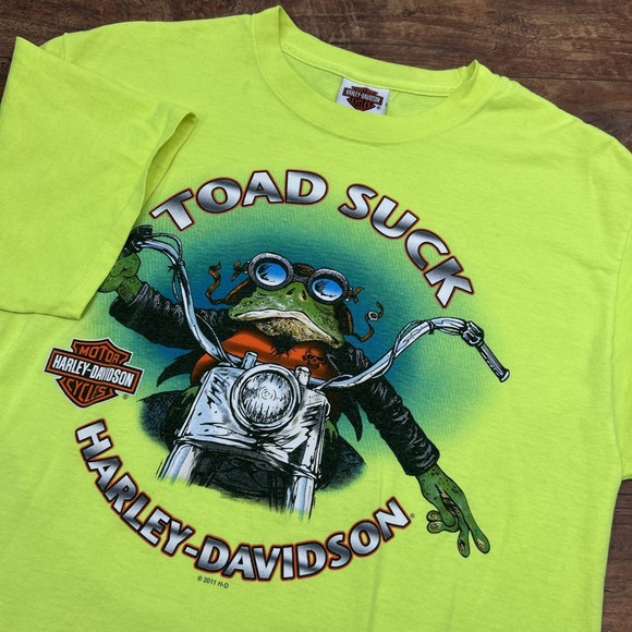 Harley Davidson Mens Medium Neon Yellow Toad Suck Conway AR HD Graphic Shirt Tee - Picture 1 of 13